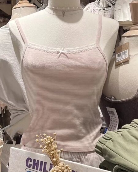 Pink Striped Bow Slim Camis Crop Tops TOPS