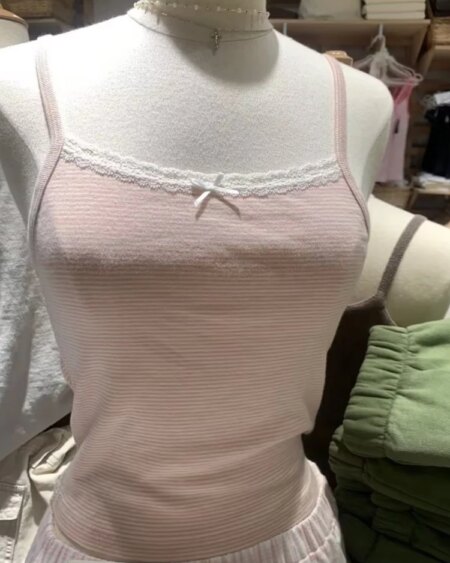 Pink Striped Bow Slim Camis Crop Tops TOPS