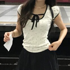 Floral Print Square Collar T-shirt Blouses & Shirts Knits T-Shirts TOPS