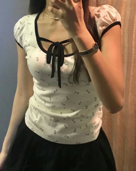 Floral Print Square Collar T-shirt Blouses & Shirts Knits T-Shirts TOPS