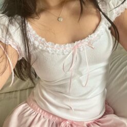 Ruched Lace Stitching Bow Top Crop Tops TOPS