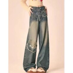 Cat Embroidery Jeans BOTTOMS Pants & Jeans