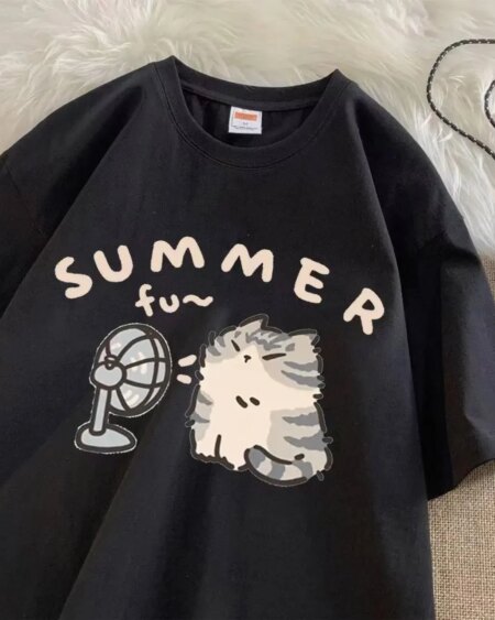 Blow Fan Cat Pure Cotton T-shirt T-Shirts TOPS