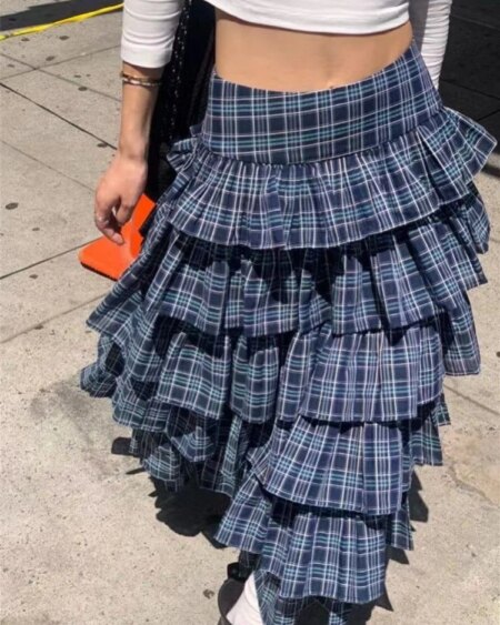 Ruffles Patchwork Pleated Cake Midi Skirt BOTTOMS Skirts