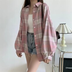 Long Sleeve Collared Button Up Oversized Plaid Shirt Blouses & Shirts TOPS 