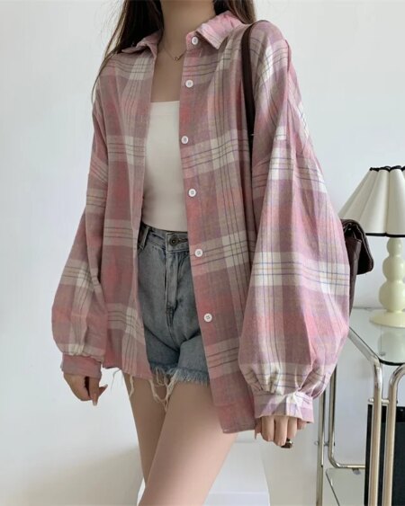 Long Sleeve Collared Button Up Oversized Plaid Shirt Blouses & Shirts TOPS 