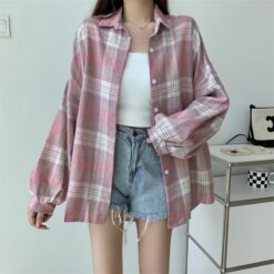 Long Sleeve Collared Button Up Oversized Plaid Shirt Blouses & Shirts TOPS 
