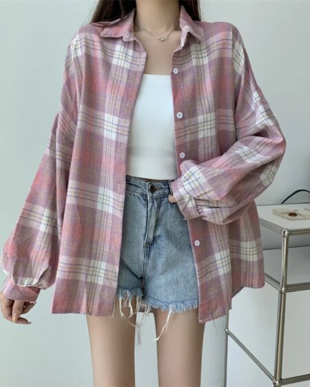 Long Sleeve Collared Button Up Oversized Plaid Shirt Blouses & Shirts TOPS 