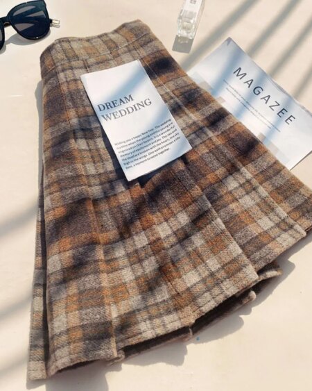 Plaid Woolen Blends Pleated Skirt BOTTOMS Skirts 