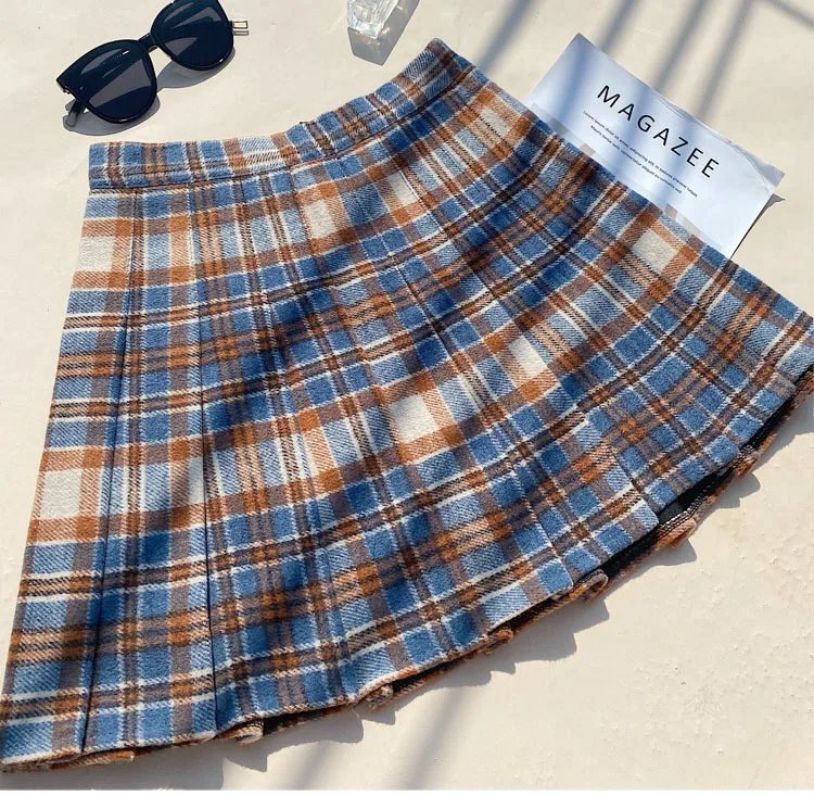 Plaid Woolen Blends Pleated Skirt