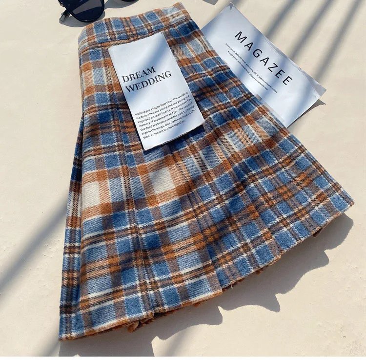 Plaid Woolen Blends Pleated Skirt