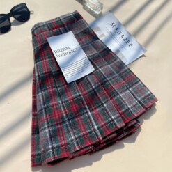Plaid Woolen Blends Pleated Skirt BOTTOMS Skirts 