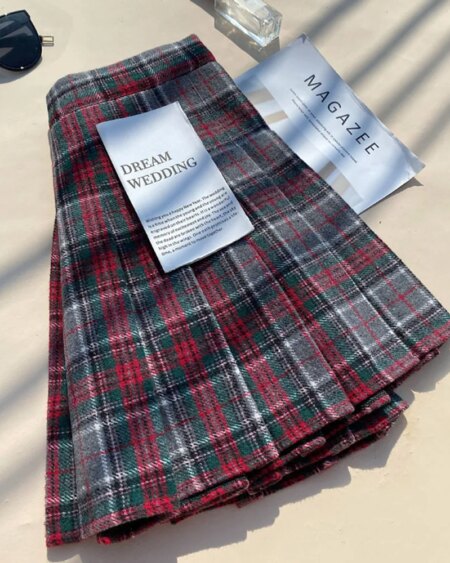 Plaid Woolen Blends Pleated Skirt BOTTOMS Skirts 
