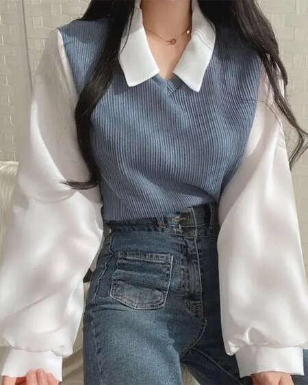 Casual Two-piece Polo Collar Blouses & Shirts Outerwear Sweaters TOPS Vests & Waistcoats