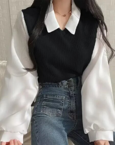 Casual Two-piece Polo Collar Blouses & Shirts Outerwear Sweaters TOPS Vests & Waistcoats 