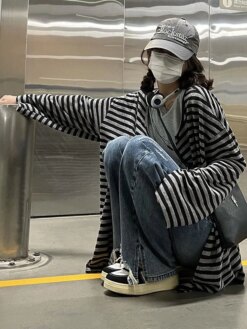Black Gray Striped Cardigan cardigans Hoodies & Sweatshirts Outerwear 