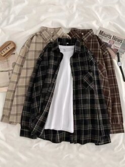 Vintage Plaid brown Blouse Blouses & Shirts TOPS 
