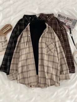 Vintage Plaid brown Blouse Blouses & Shirts TOPS 