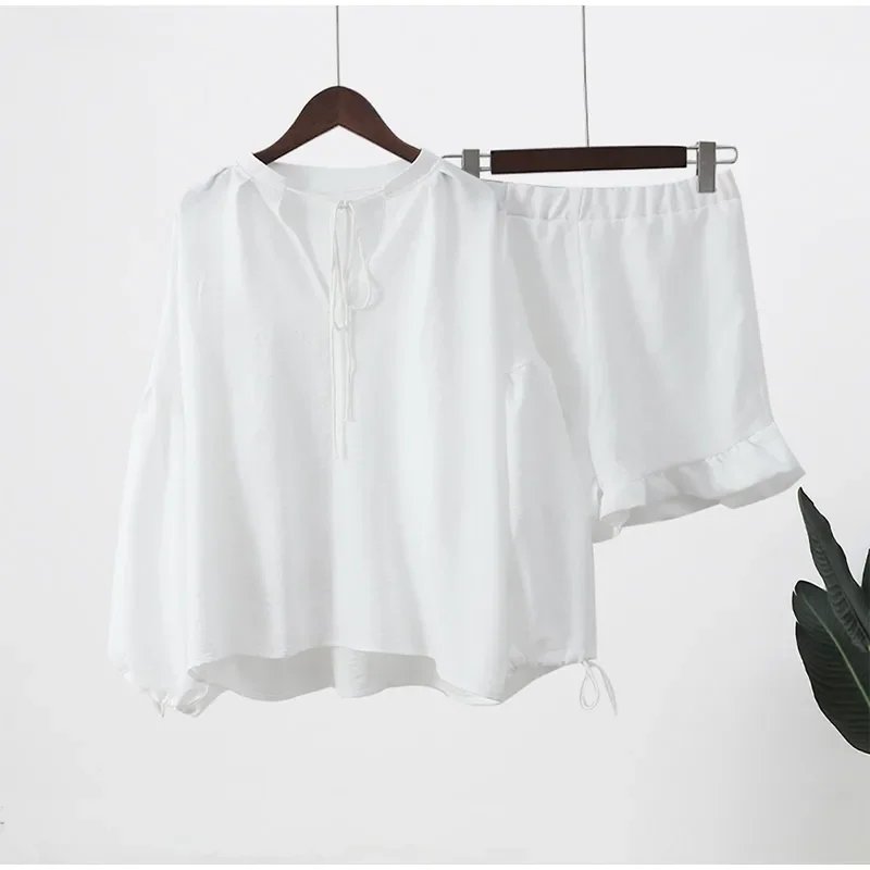 White Linen Ruffles Shorts Sets