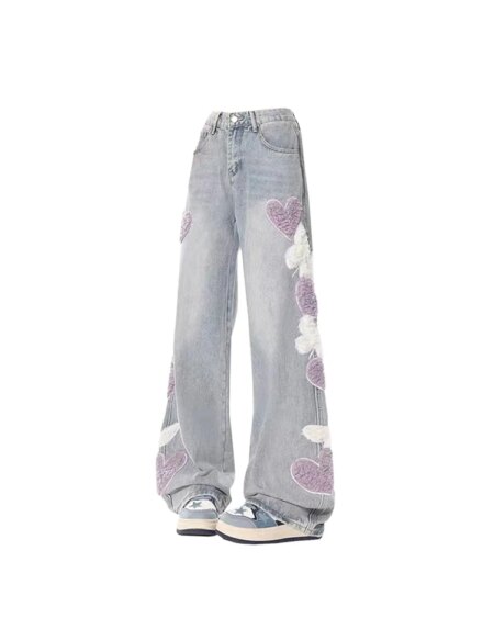 Aesthetic Baggy jeans with Heart BOTTOMS Pants & Jeans Color: light blue Size: L