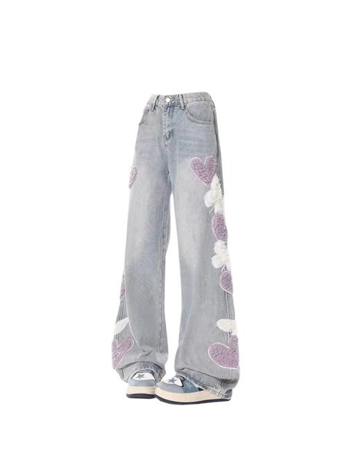 Aesthetic Baggy jeans with Heart BOTTOMS Pants & Jeans Color: light blue Size: L