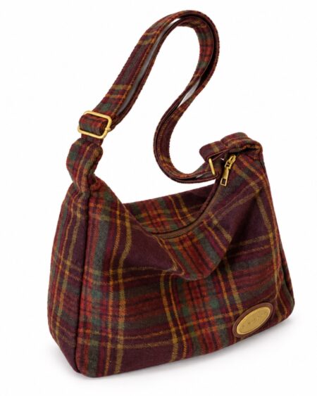 Rowan burgundy plaid shoulder bag with an adjustable strap and gold-tone hardware