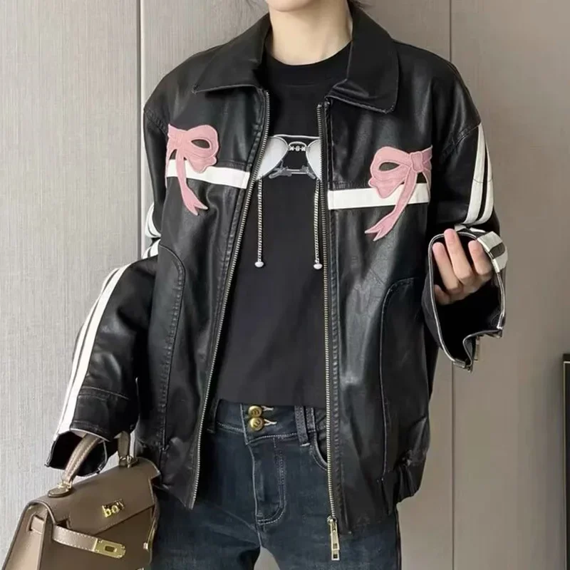 bow retro black leather jacket bow retro black leather jacket