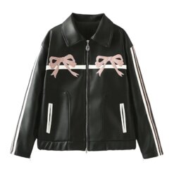 bow retro black leather jacket Jackets & Coats Outerwear