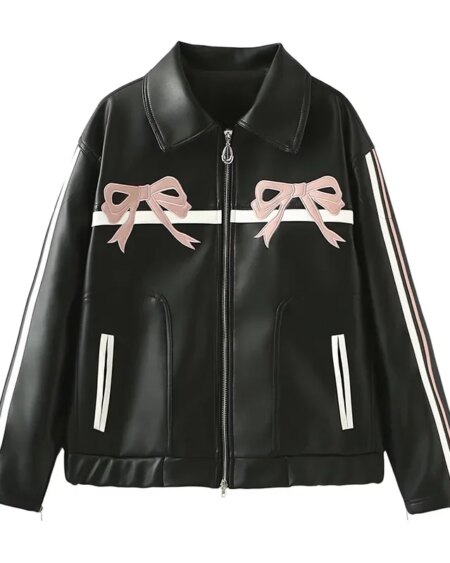 bow retro black leather jacket Jackets & Coats Outerwear 