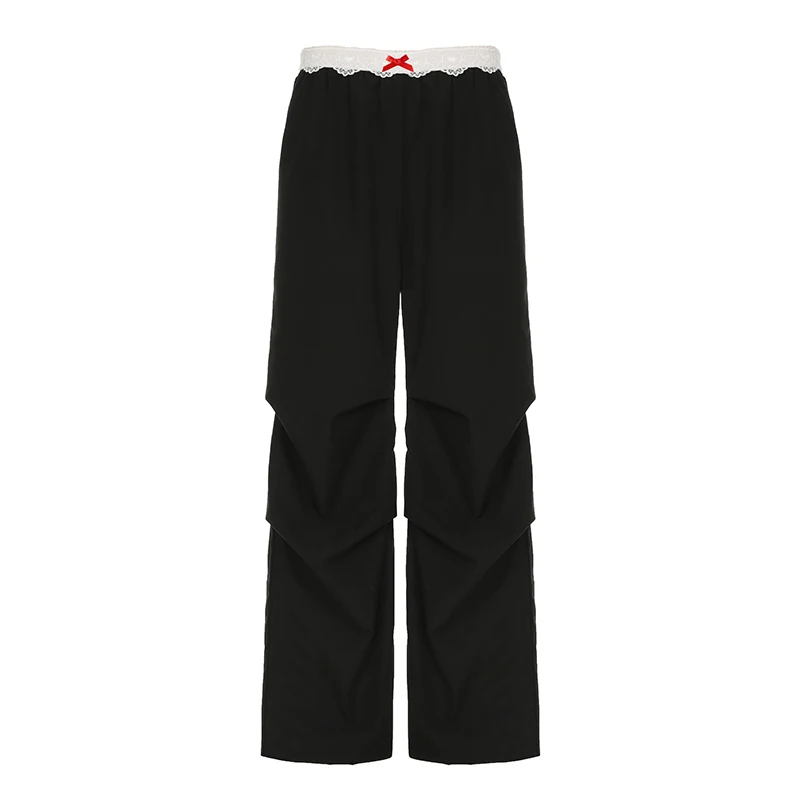 Bow Lace Trim Mid-rise Pants