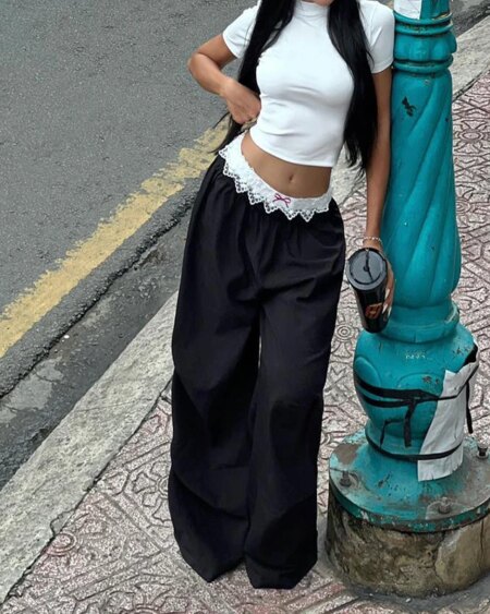 Bow Lace Trim Mid-rise Pants BOTTOMS Pants & Jeans