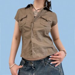 Khaki Safari Shirts with Pocket Blouses & Shirts TOPS 