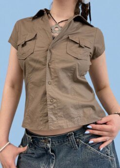 Khaki Safari Shirts with Pocket Blouses & Shirts TOPS