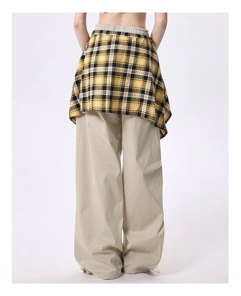 Plaid Shirt-Tied Baggy Jeans