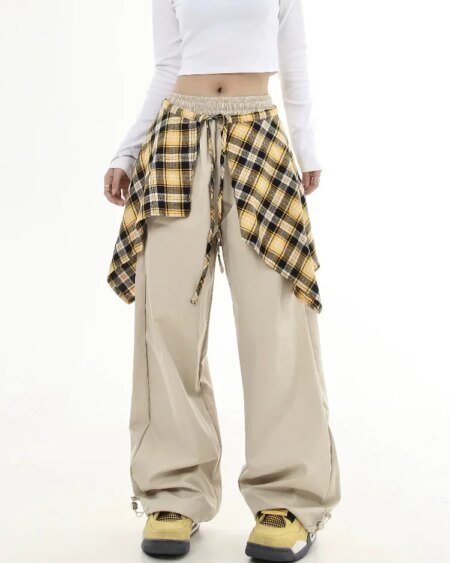 Plaid Shirt-Tied Baggy Jeans BOTTOMS Pants & Jeans 