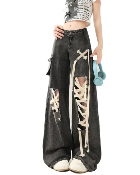 Lace Detail Wide-Leg Jeans BOTTOMS Pants & Jeans 