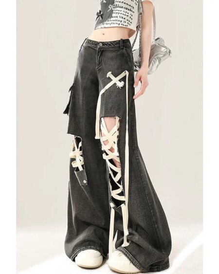 Lace Detail Wide-Leg Jeans BOTTOMS Pants & Jeans 