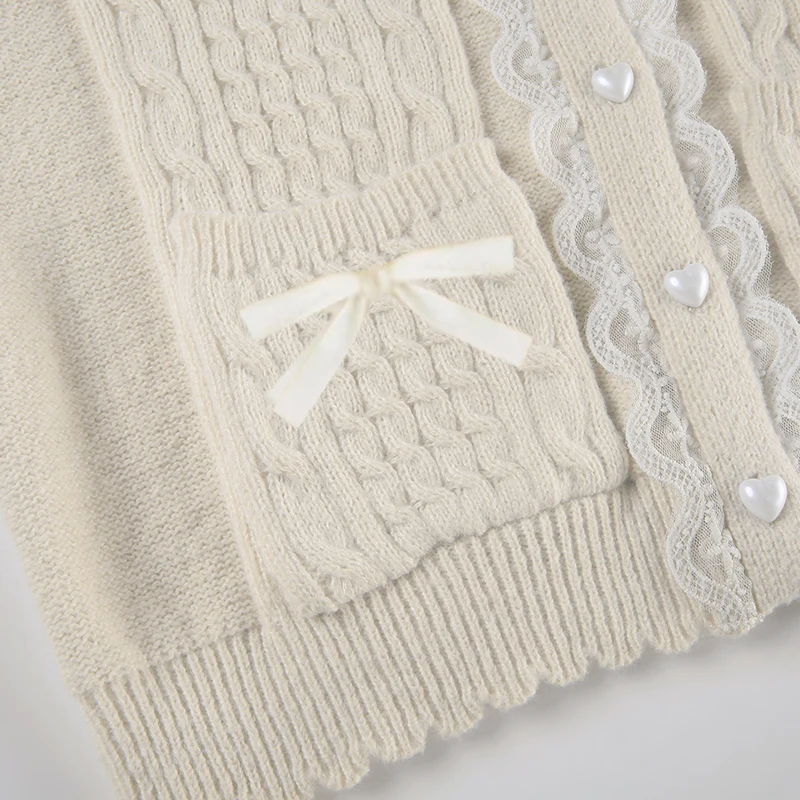 Knitting Bow Pockets Sweater Cardigan