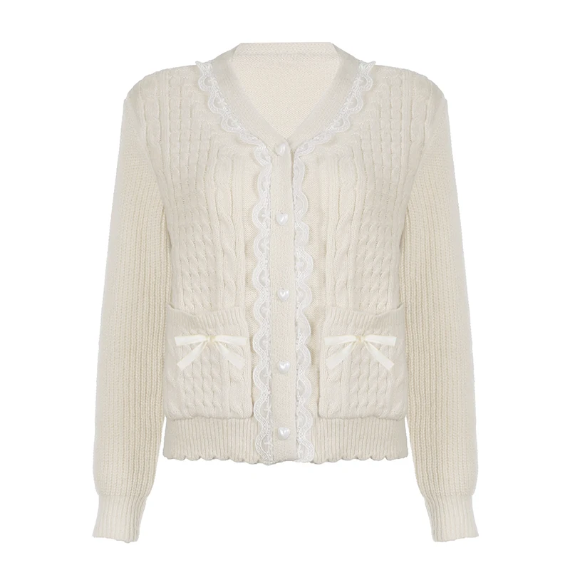Knitting Bow Pockets Sweater Cardigan