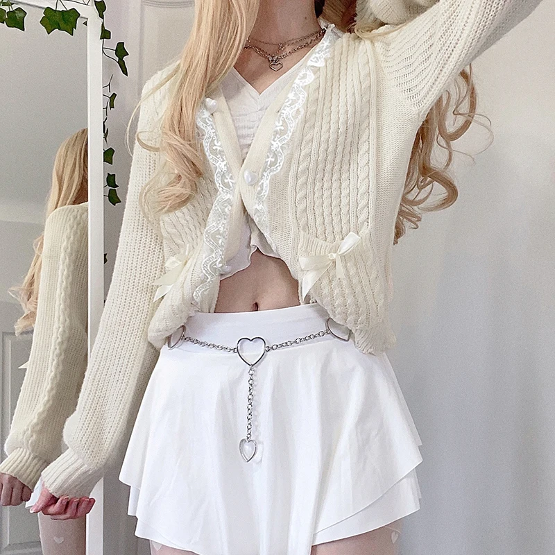 Knitting Bow Pockets Sweater Cardigan