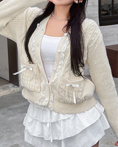 Knitting Bow Pockets Sweater Cardigan Outerwear Sweaters 