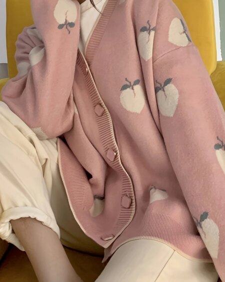 Peach Graphic Knit Cardigan cardigans Outerwear 