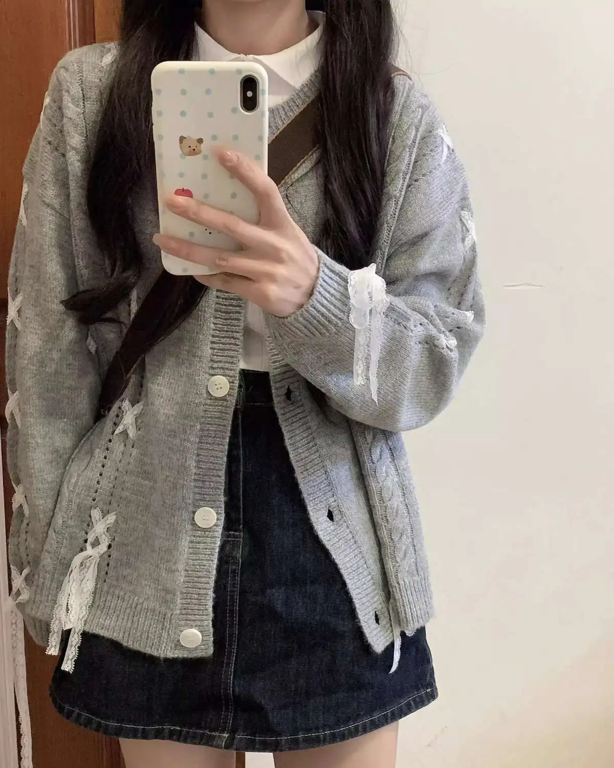 Cozy Bows Gray Knitted Cardigans