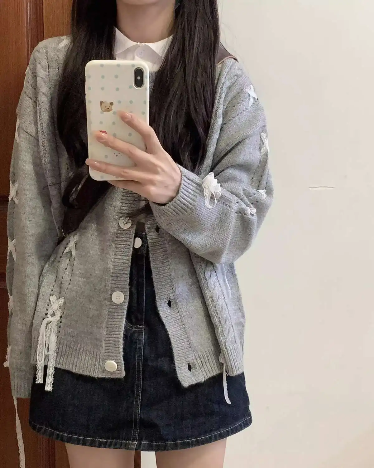 Cozy Bows Gray Knitted Cardigans