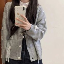 Cozy Bows Gray Knitted Cardigans cardigans Outerwear Sweaters 