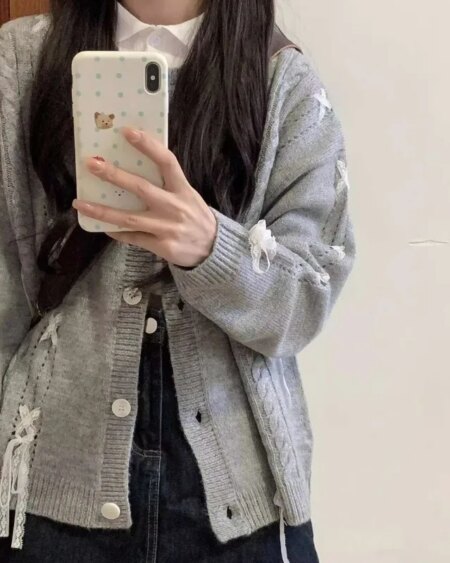 Cozy Bows Gray Knitted Cardigans cardigans Outerwear Sweaters 