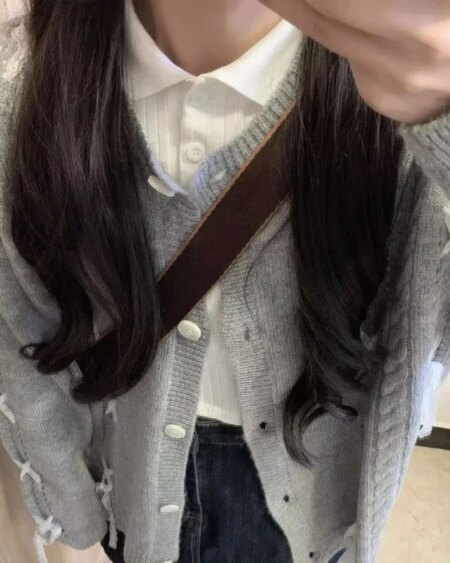 Cozy Bows Gray Knitted Cardigans cardigans Outerwear Sweaters 