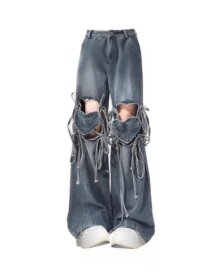 Heart Strap Ripped Jeans BOTTOMS Pants & Jeans Color: blue Size: XXL 