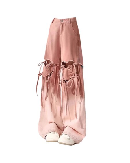 Heart Strap Ripped Jeans BOTTOMS Pants & Jeans Color: Pink Size: M 