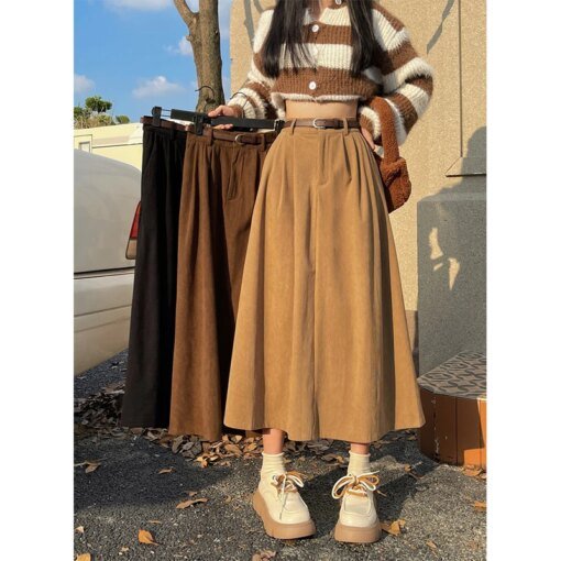 Vintage Belt Corduroy Midi Skirt BOTTOMS Skirts